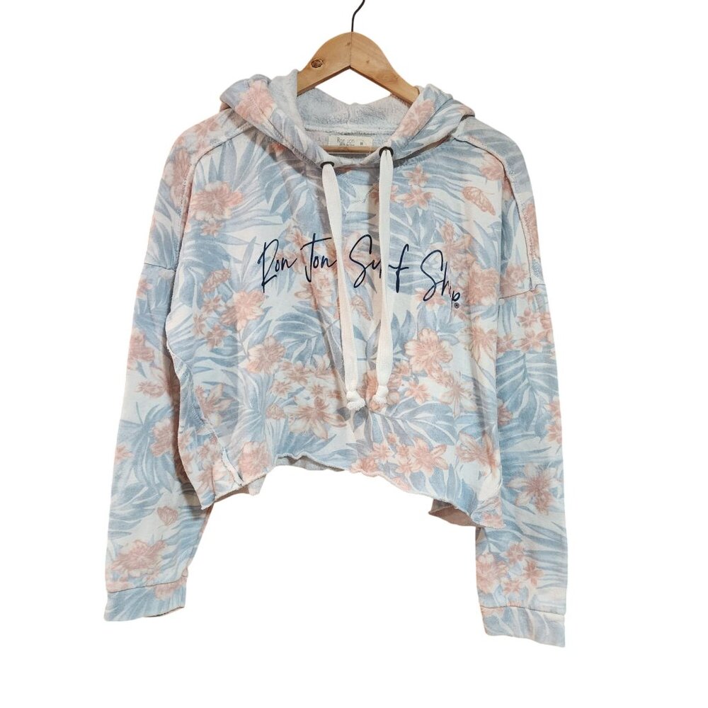 Ron Jon Surf Shop Floral Print Cropped Hoodie Sweatshirt M Blue & Pink Lightweig - Picture 4 of 4
